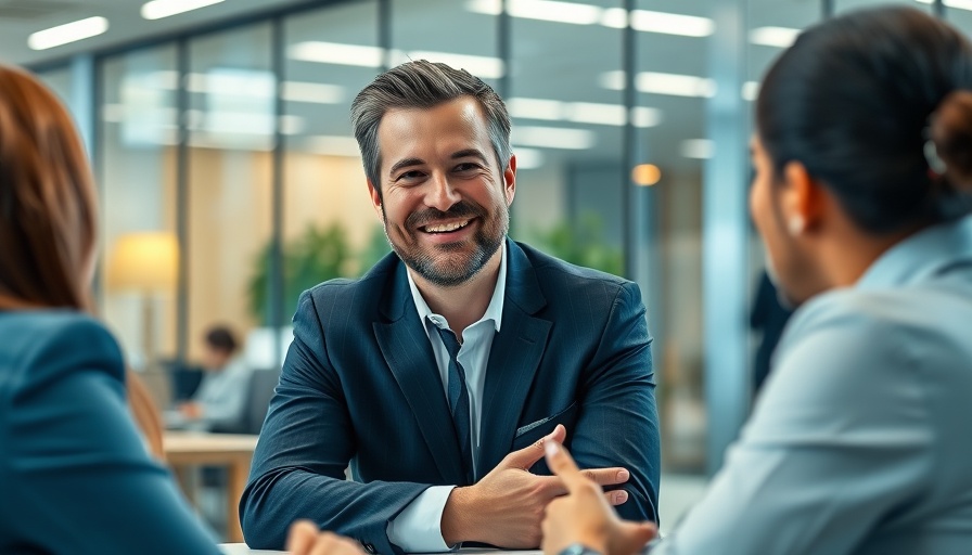 Business professional in a modern office setting discussing employee onboarding software.