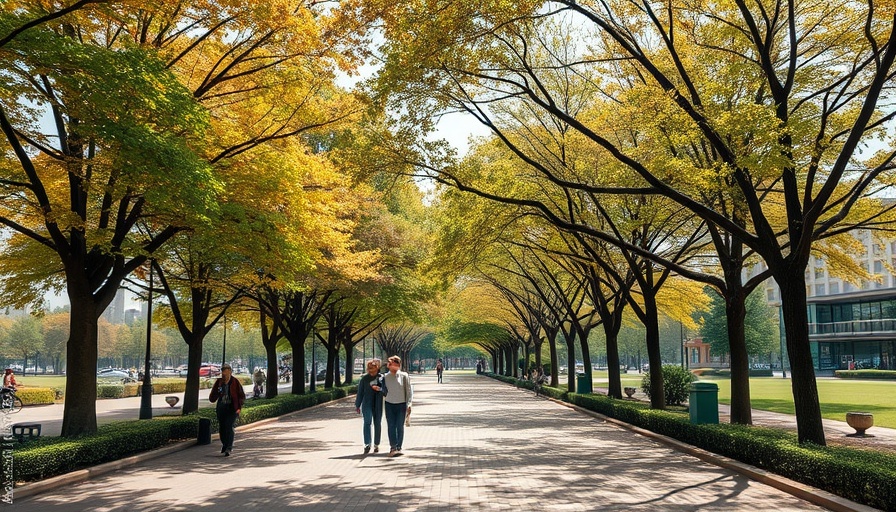 Urban park with shade trees and pathways, showcasing urban cooling solutions.