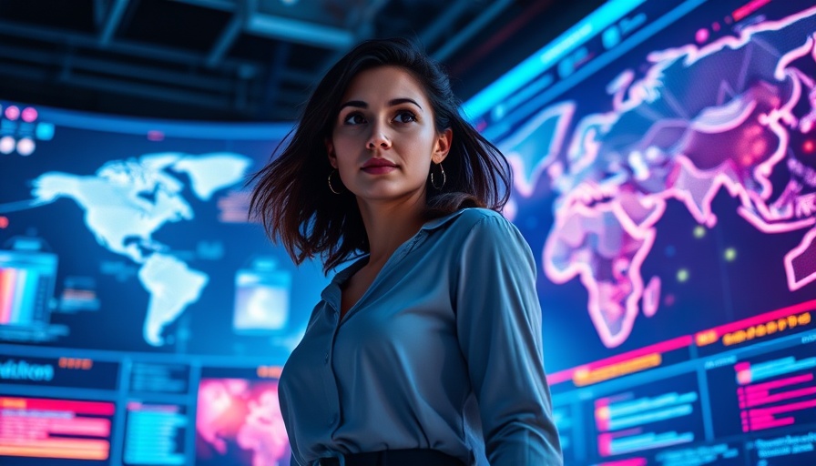 Young woman analyzes ransomware statistics on multiple screens in tech room.