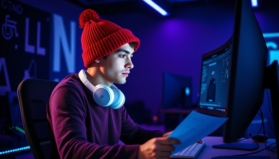 Young man studying in blue-lit room with computer.