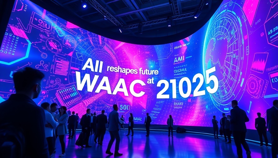 Futuristic digital display at AI conference promoting global AI cooperation.