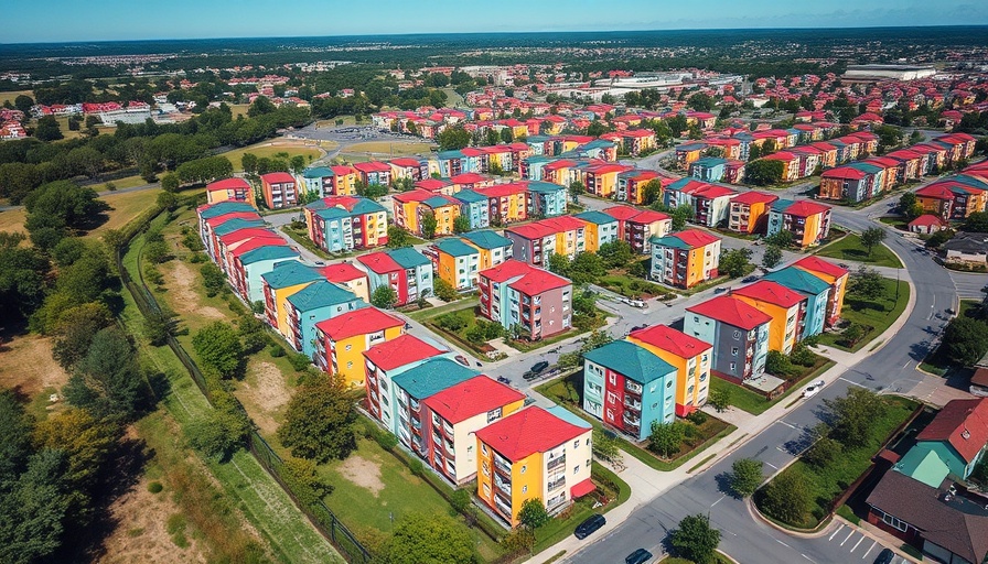 Aerial view of colorful housing cooperatives for affordable housing.