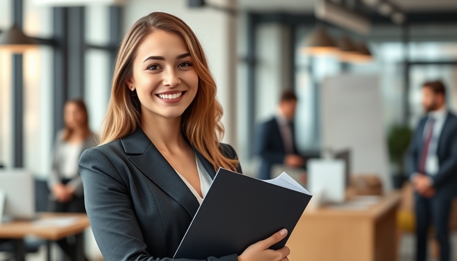 Smiling young professional in a modern office setting, effective company logo and branding.