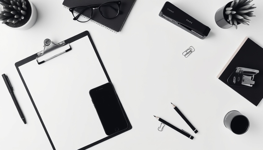 Black office supplies organized on white desk for Supplier Relationship Management focus.