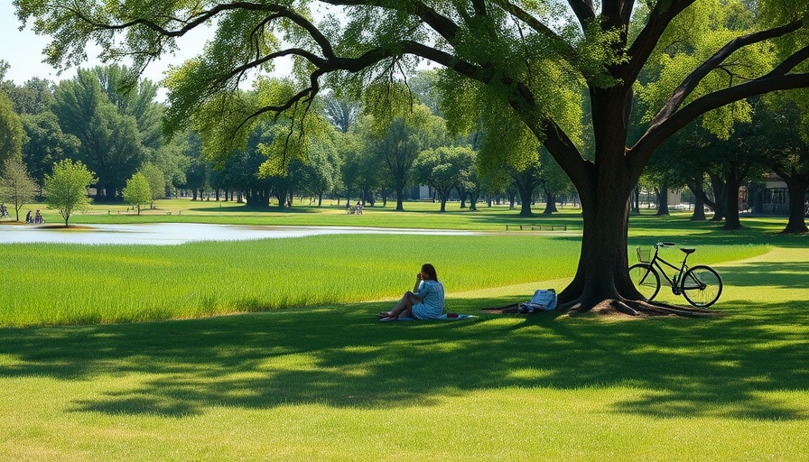 Flooded park scene with people under large tree next to water.