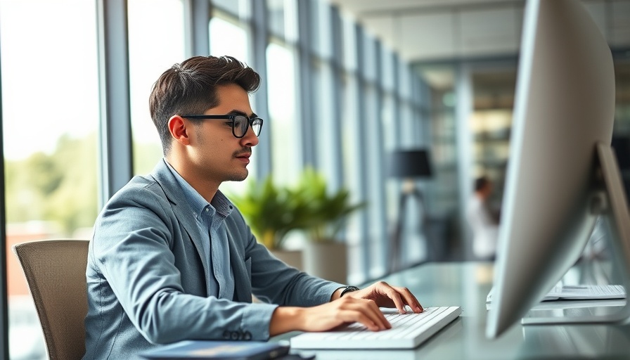 Focused businessman typing on computer in modern office.