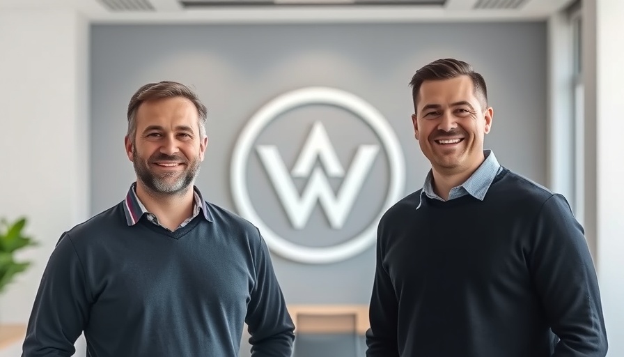 Two men smile in front of a WebStrategies logo during rebrand to Geear.