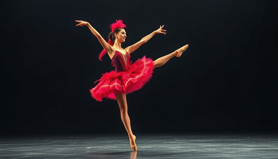 Ballerina in vibrant red costume performing a grand jeté on stage.
