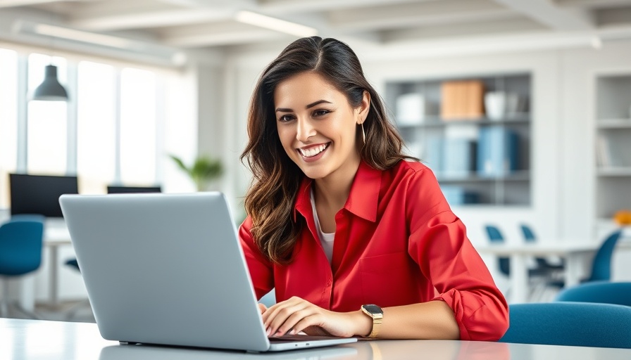 Confident woman starting a title company from office desk, laptop open.