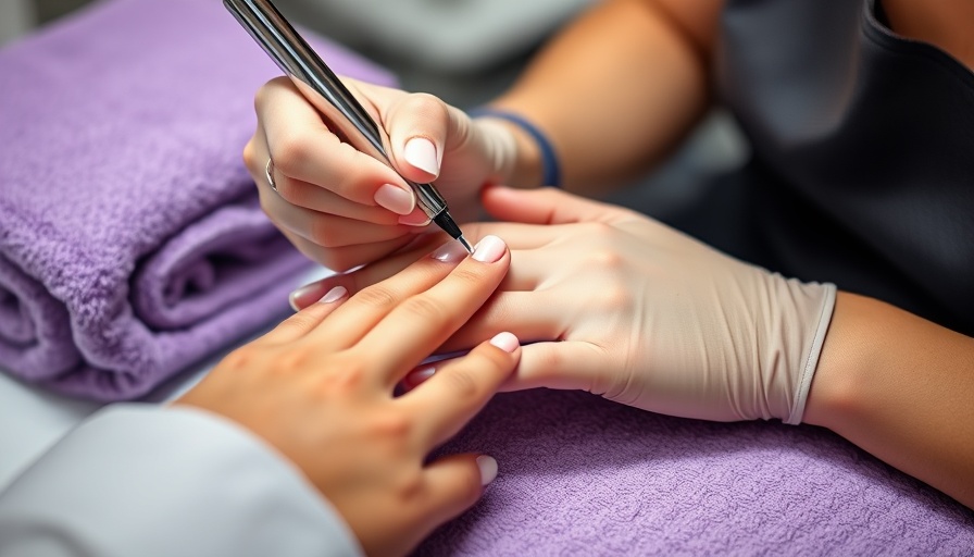 Nail technician applying polish in salon setting, hand care.