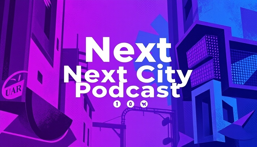 Abstract purple and blue Next City podcast banner with text.