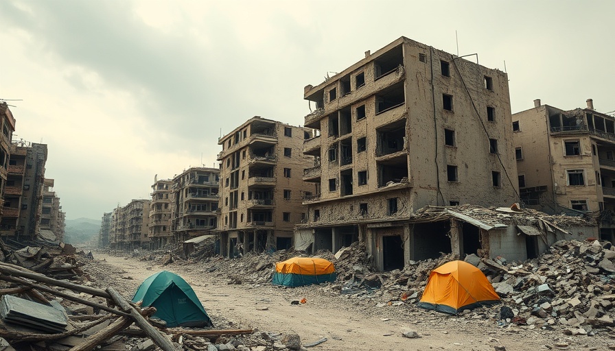 Urbanism in Gaza: war-damaged buildings and tents amid rubble.