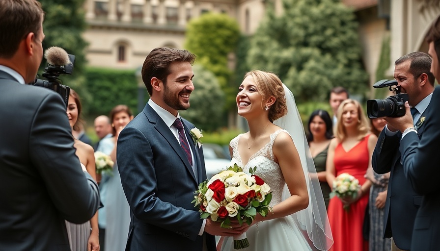 Joyful couple with professional wedding guests at outdoor ceremony.