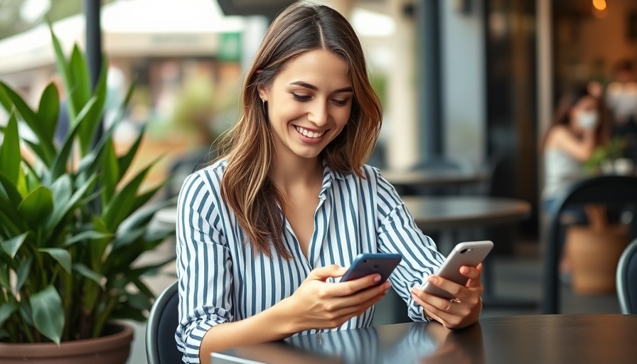 Relaxed young woman smiling while using smartphone at outdoor cafe table.