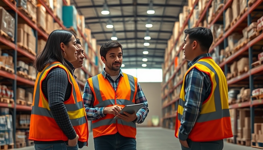 Warehouse inventory management discussion, professionals in reflective vests.