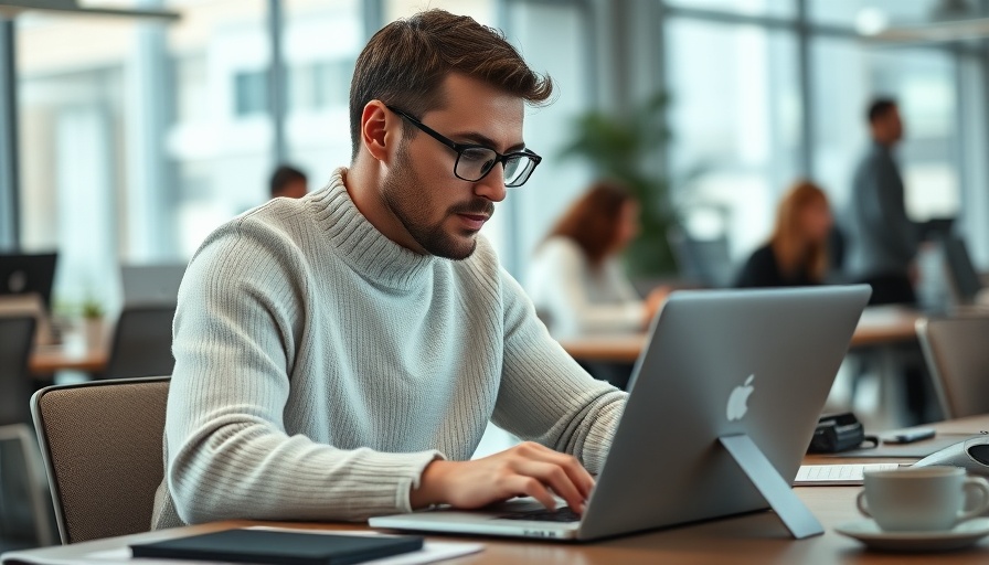 Focused man working on laptop during new hire orientation; office setting.