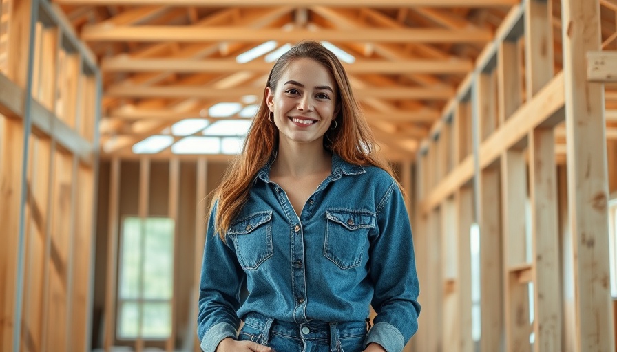 Confident woman in construction, standing in wooden framework.