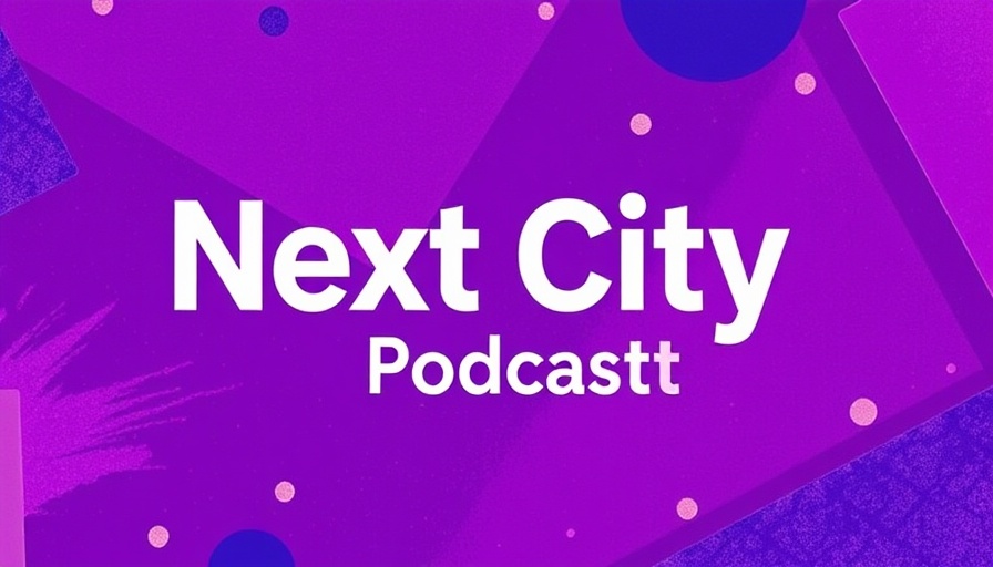Abstract podcast banner promoting 'Next City', fight gentrification in Liberty City theme.