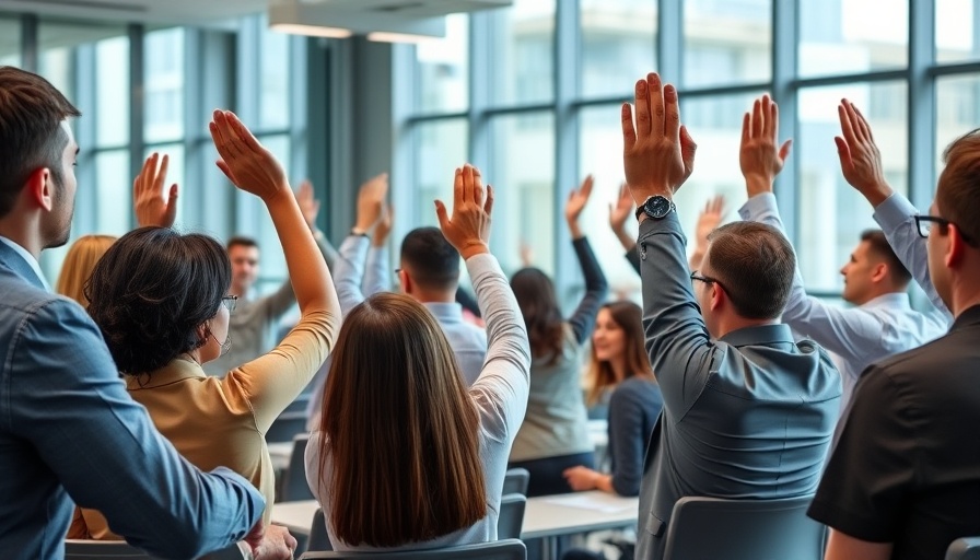 Professionals in a training session raising hands, highlighting effective corporate training programs.