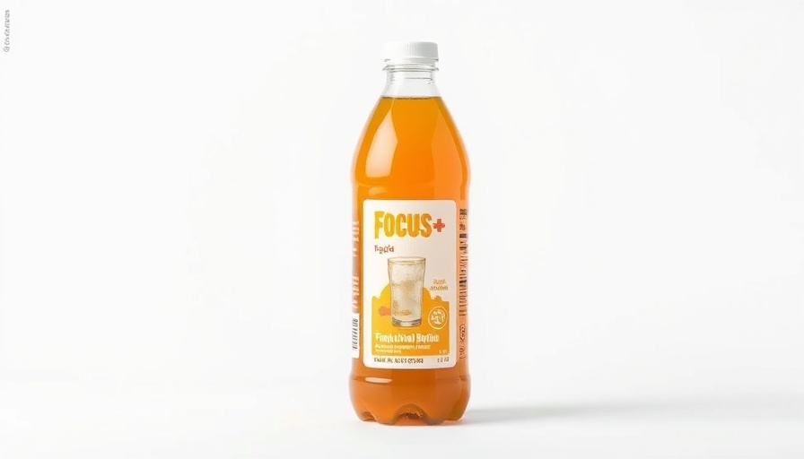 Functional beverage FOCUS+ bottle with clear label design.