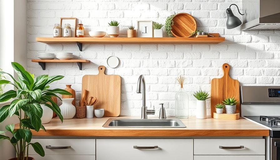 Modern kitchen countertop with decor and white brick wall, 2025.