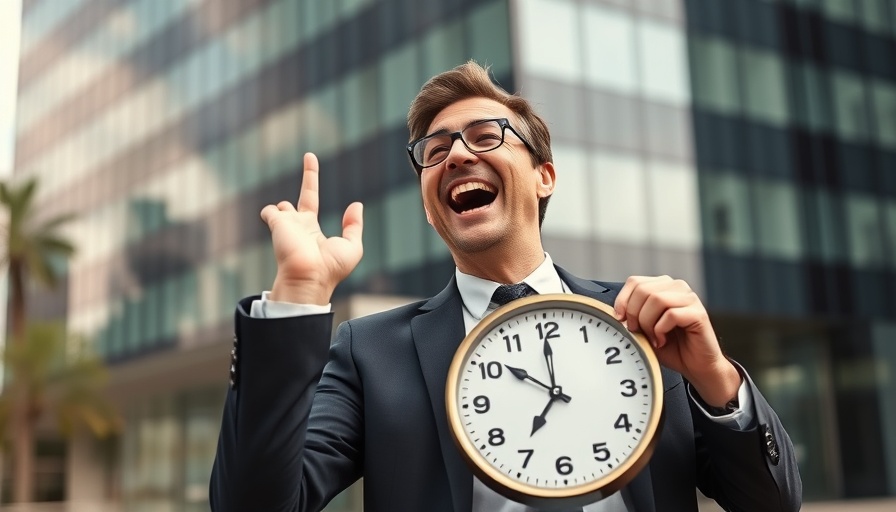 Cheerful man in suit holding a clock outdoors, mastering scheduling time