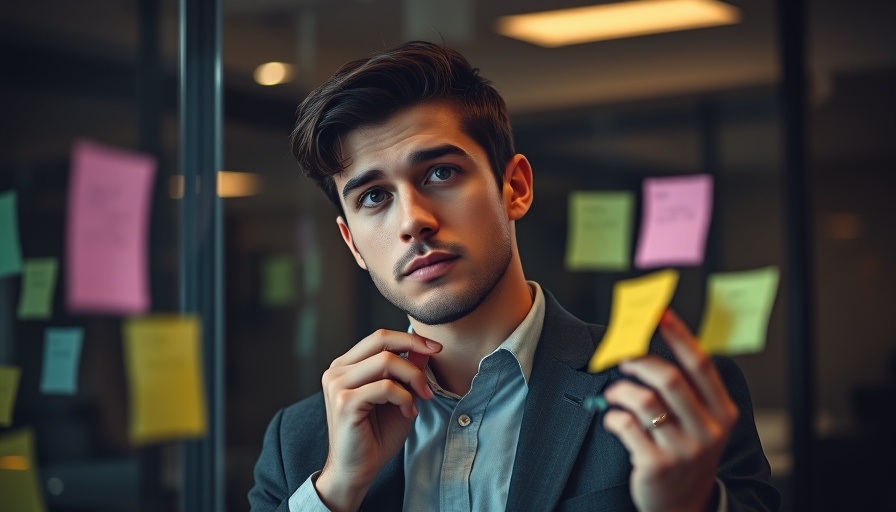 Young businessman strategizing with sticky notes on company development strategy.