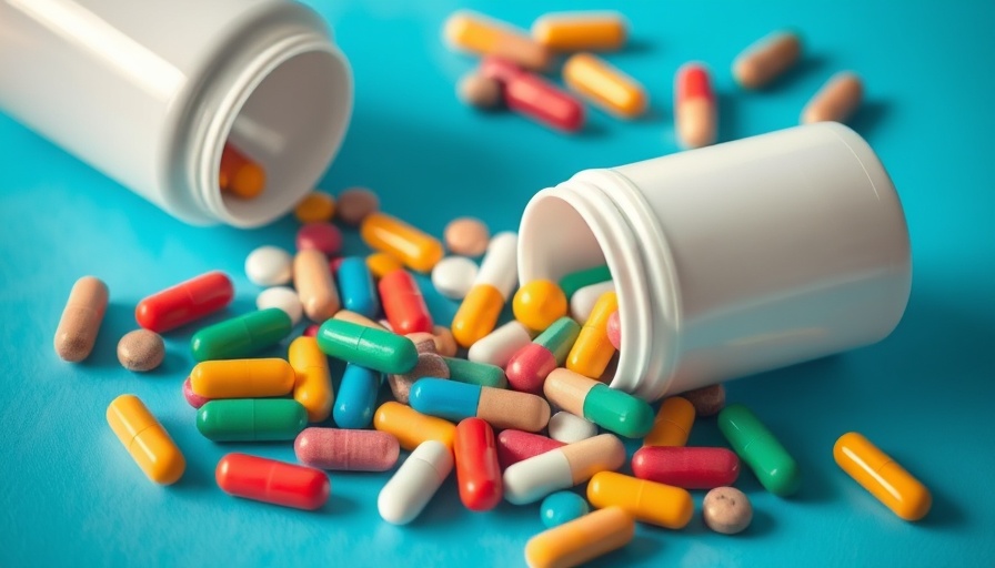 Colorful pills spilling from a bottle on a blue background.