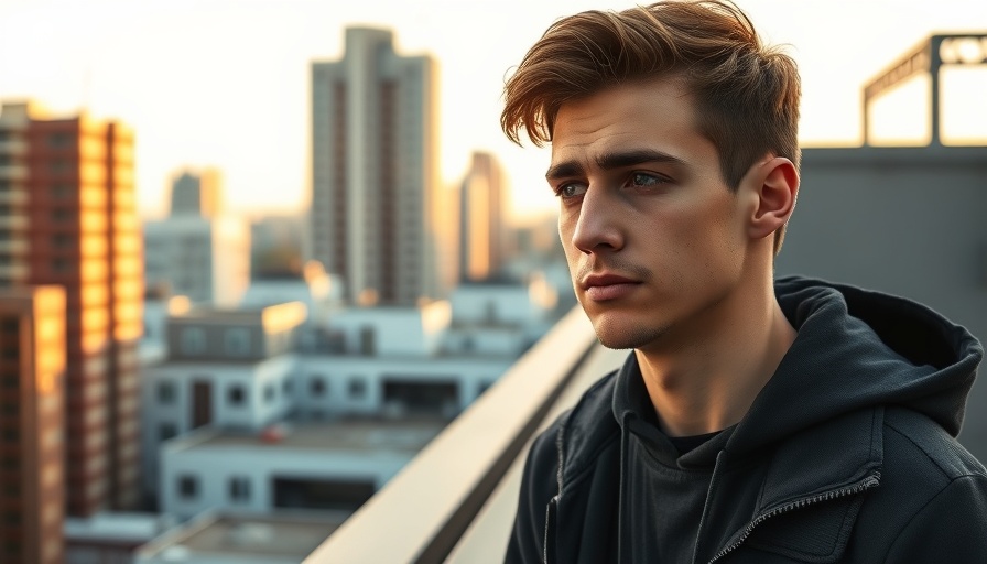 Young man in thoughtful pose on a rooftop, scaling a fintech business setting.