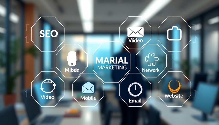 Digital marketing concepts with SEO and video icons in a webinar setting.