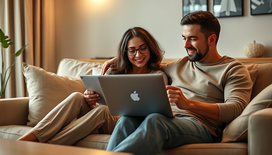 Couple planning content on a laptop, cozy room setting.