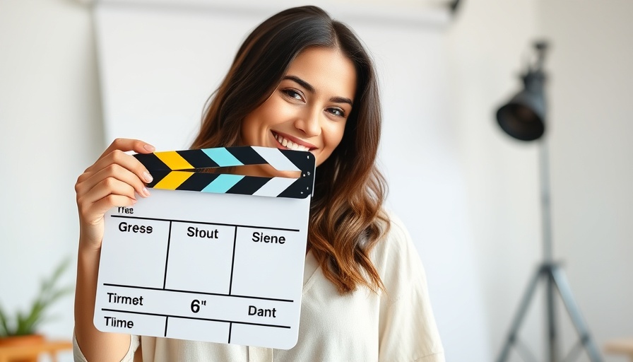 Woman learning how to make a video with a clapperboard in hand.