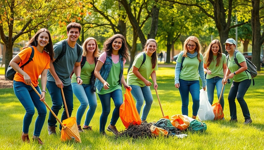 Group of volunteers cleaning up park on a sunny day.