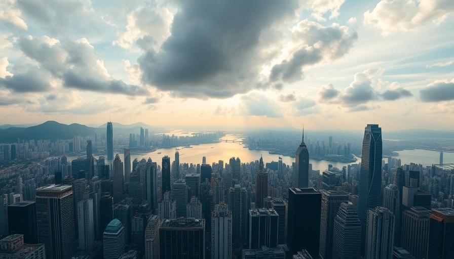Aerial view of Hong Kong skyscrapers at sunrise, vibrant sky.