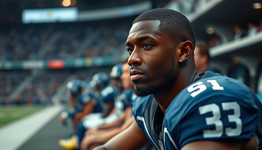 Thoughtful football player pondering on bench field