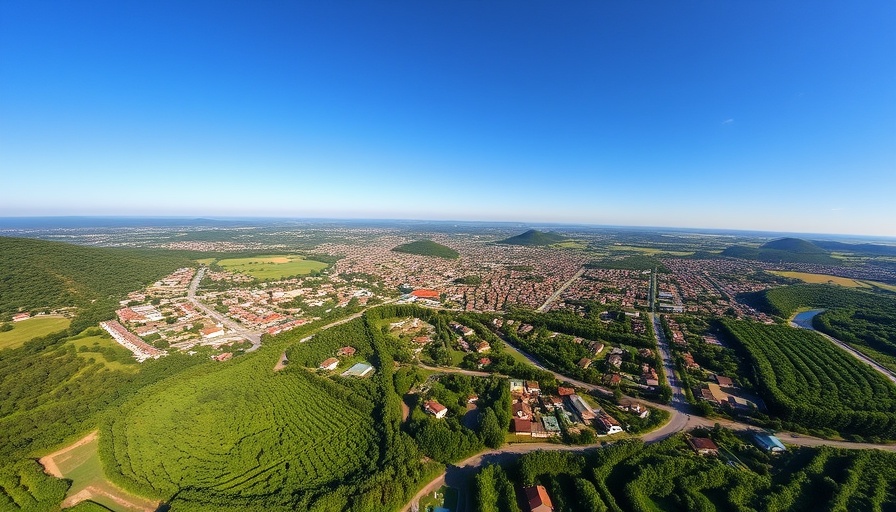 Small town aerial view with greenery and hills.