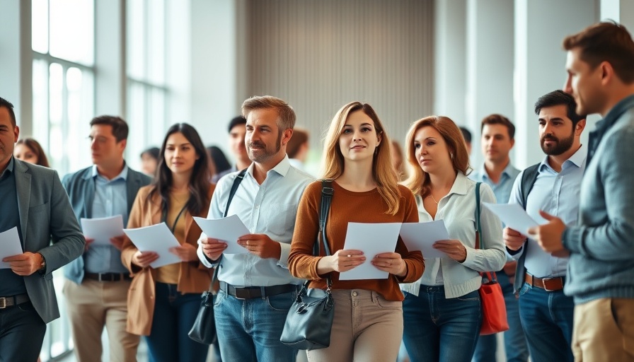 People standing in line with paperwork in an office lobby