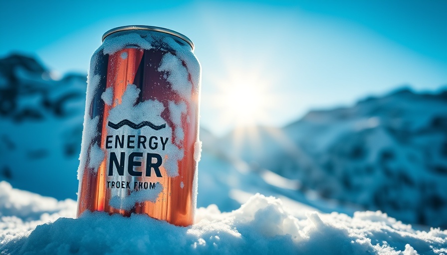 Snow-covered energy drink with mountain view.