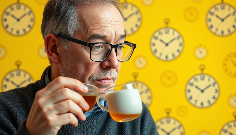 Man drinking tea against clock-themed background, representing productivity.