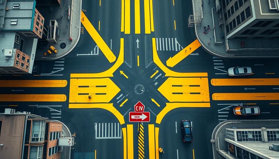 Aerial city view highlighting hidden costs of one-way streets with lively arrows.