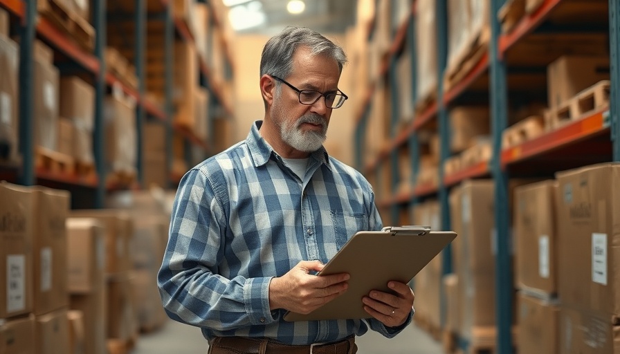 Middle-aged man managing inventory in a warehouse with software.