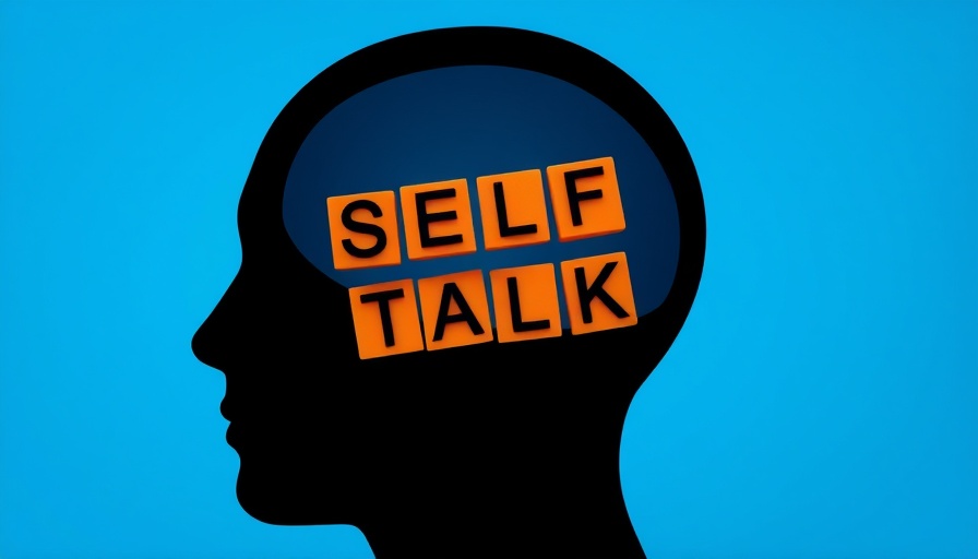 Harnessing Fear and Your Inner Critic for Success; head silhouette with 'SELF TALK' beads against blue.