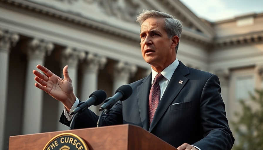 Illustrative figure gesturing at podium against government backdrop.