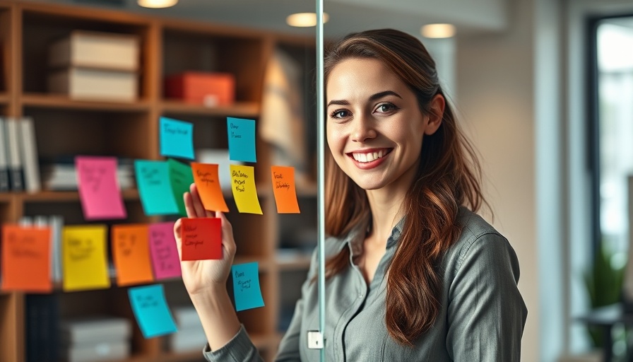 Confident woman organizing sticky notes, essential new employee guidelines.