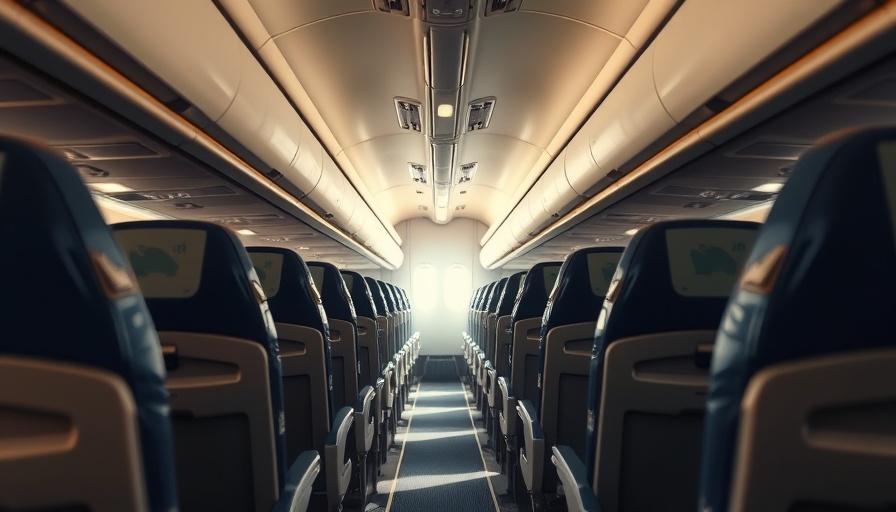 Airplane cabin with empty seats, sunlit interior.