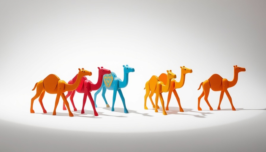 Colorful wooden camels arranged, representing investing in camels.