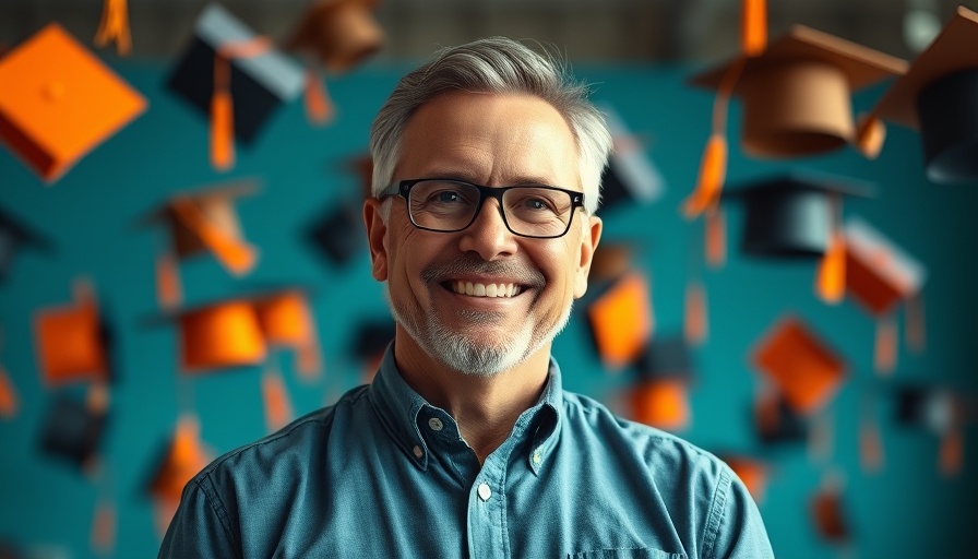 Young People Should Learn AI Skills - Middle-aged man with graduation caps and digital elements.