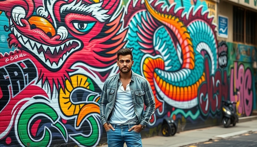 Man by vibrant dragon mural symbolizing Philadelphia food economy.