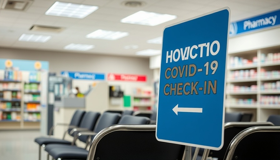 COVID-19 vaccine check-in sign in a pharmacy waiting area.