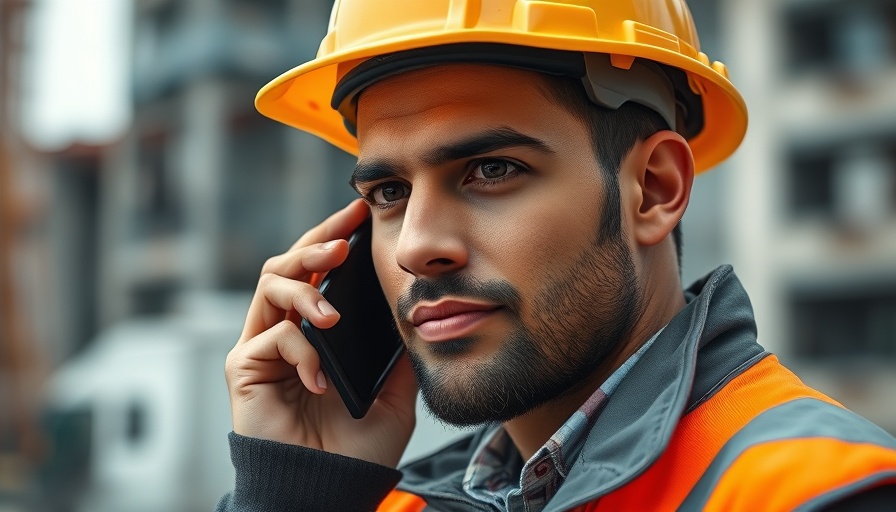 Focused construction worker using phone at site, construction project scheduling software context.